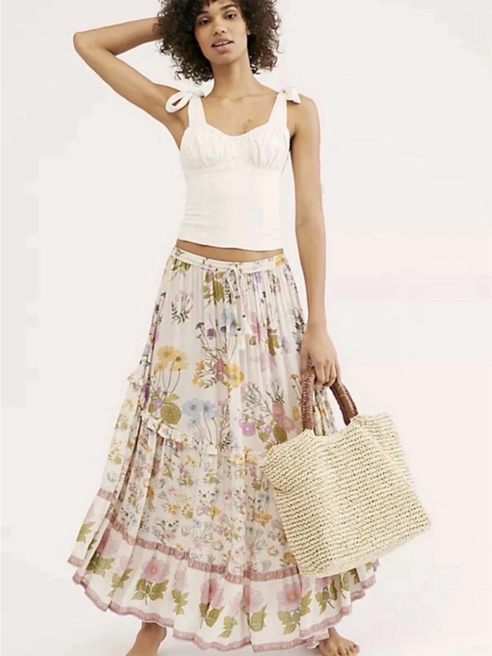 Spell Wild Bloom NWT White Floral Tiered Maxi Skirt with Pastel Accents - Picture 2 of 8